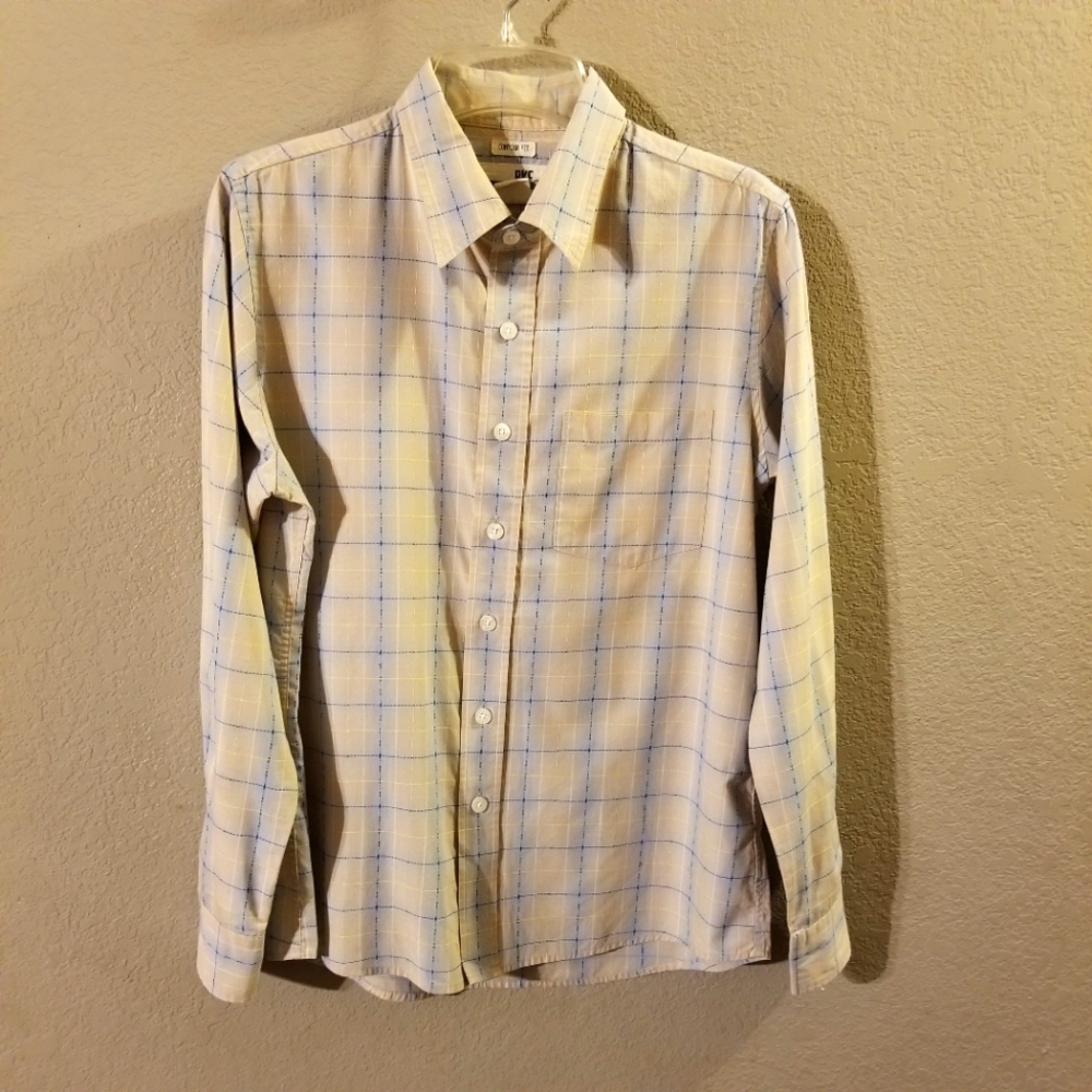 BKE Mens Beige/Blue Long Sleeve Button Up Shirt Size Small Contour Fit